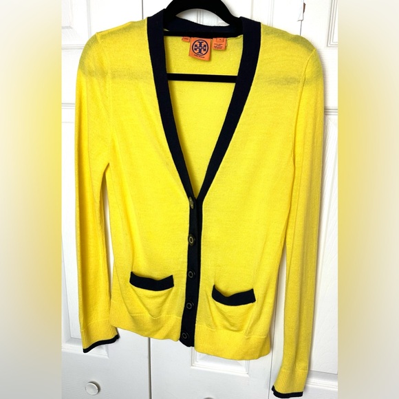 TORY BURCH Cardigan Sweater Yellow Navy Blue Merino Wool Simone Madison Knit - Picture 12 of 12